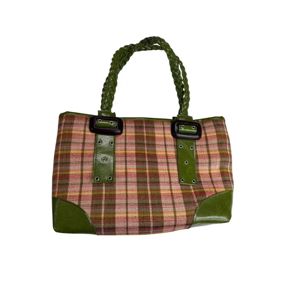 Plaid Tote‎ Bag Green Faux Leather Trim Braided Handles